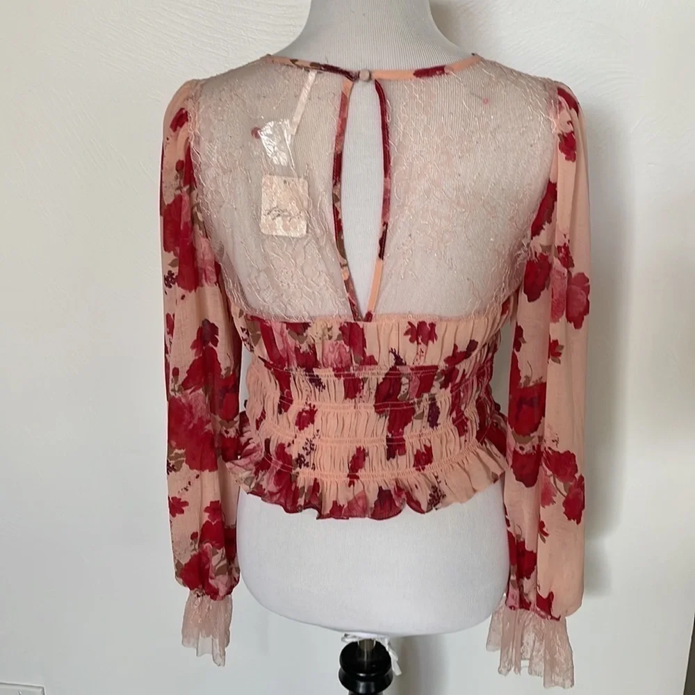 NWT Free People Daphne Floral lace long sleeve blouse feminine croquette boho